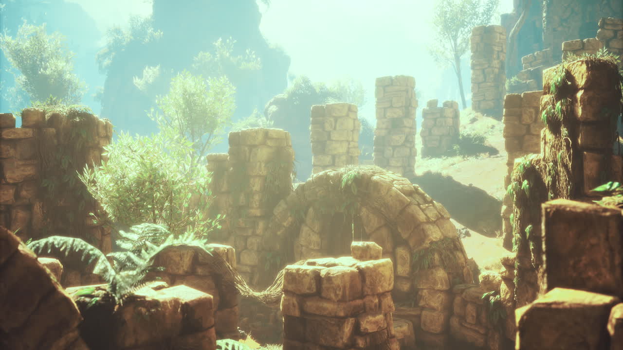 Ruins of an ancient civilization surrounded by lush greenery and sunlight