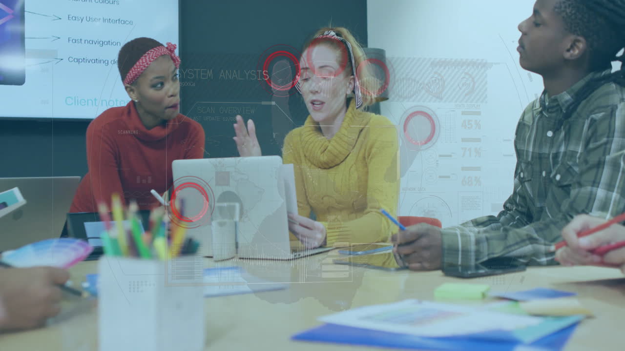 Diverse team discussing project with data analysis animation overlay on screen