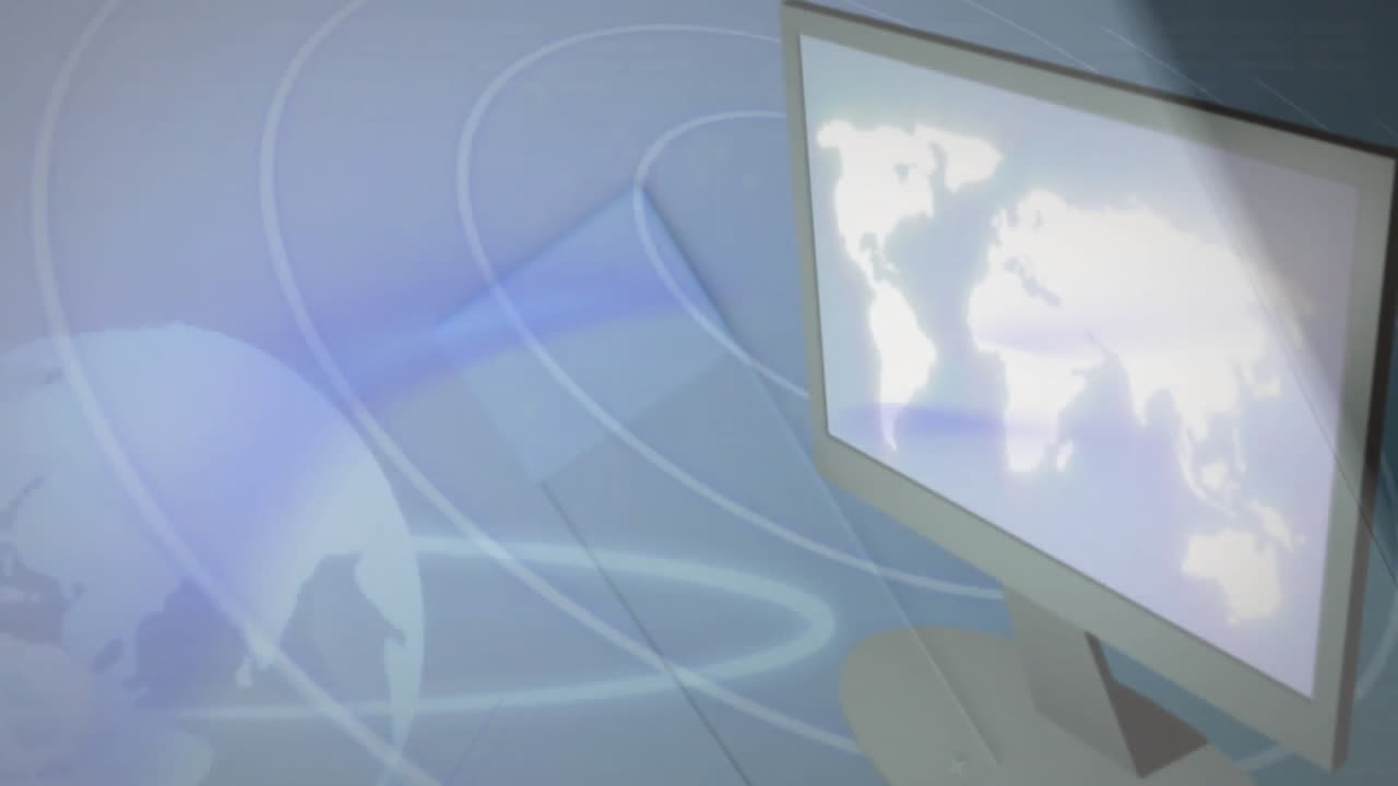 Displaying animation, world map on computer monitor with digital wave patterns
