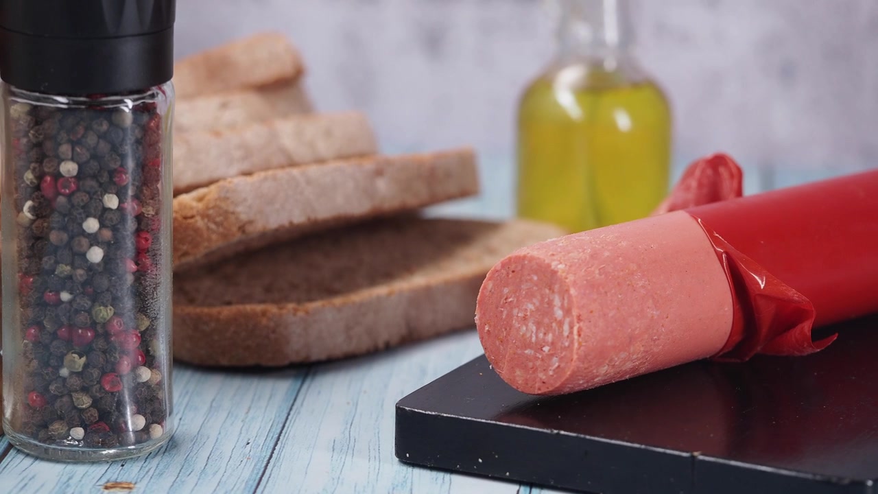 Salame su un tagliere con pane e spezie.