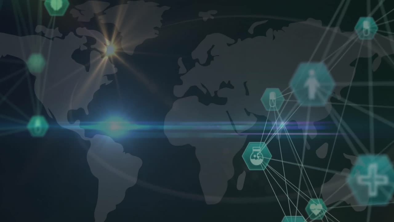 아이콘과 연결 네트워크를 가진 세계 지도의 애니메이션