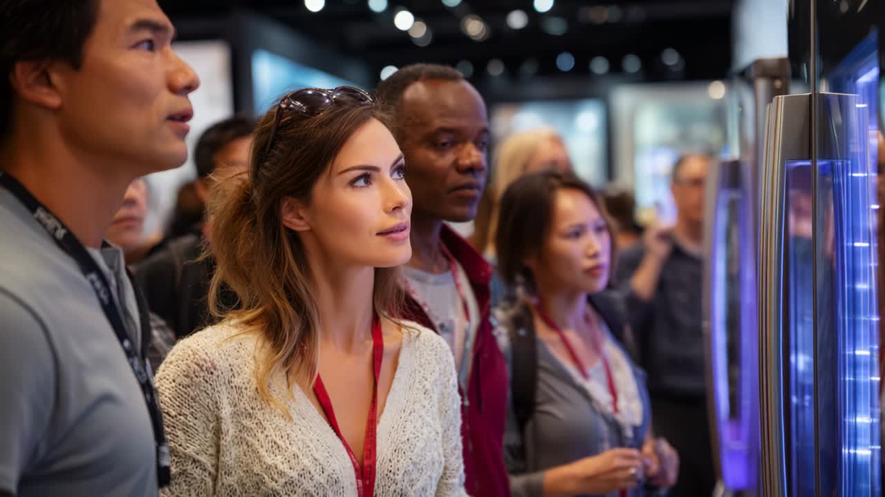 Engaging Audience at a Technology Exhibition: Witnessing Innovations and Interactive Displays with Curiosity and Fascination Among Diverse Attendees in a Modern Exhibition Hall