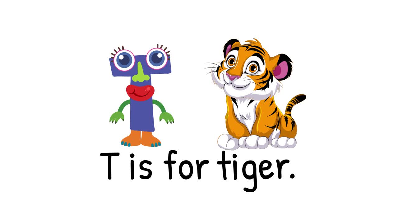 Playful animation introducing the letter T with a colorful character and a cute tiger on a white background