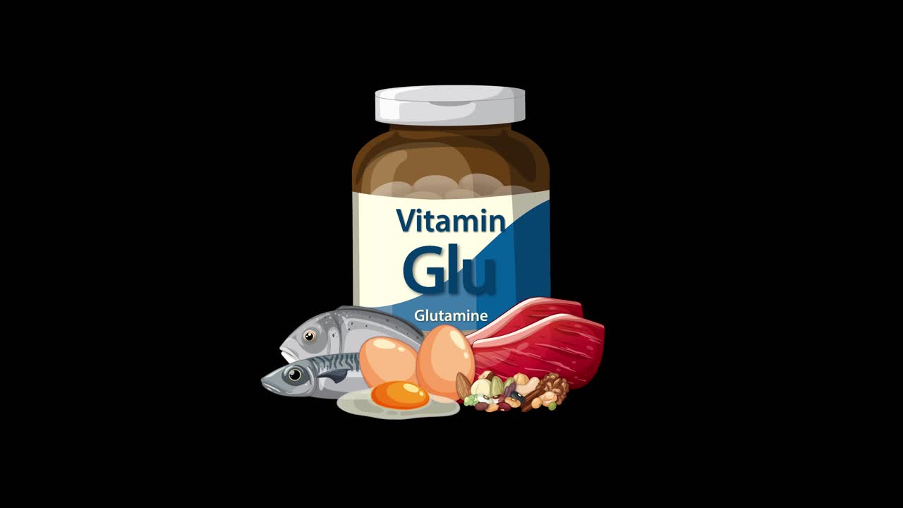 Glutamine supplement jar transitions to include fish, eggs, meat, nuts on black background, smooth animation