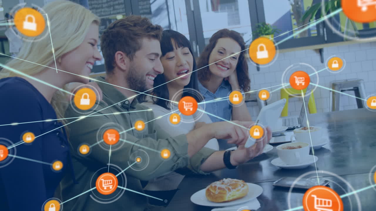 animación de la red de conexiones con iconos sobre diversas personas de negocios que usan tablets