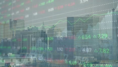 animación del procesamiento de datos del mercado de valores frente a una vista aérea del paisaje urbano