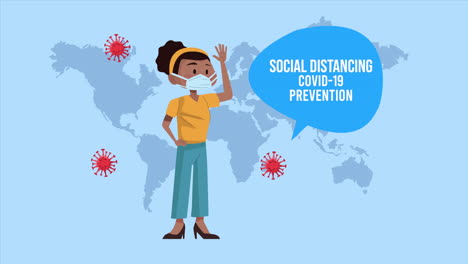 afro woman with social distancing covid19 prevention message and earth planet