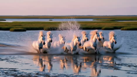 white horses running through water at sunset