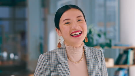 face, laughing and business woman in office