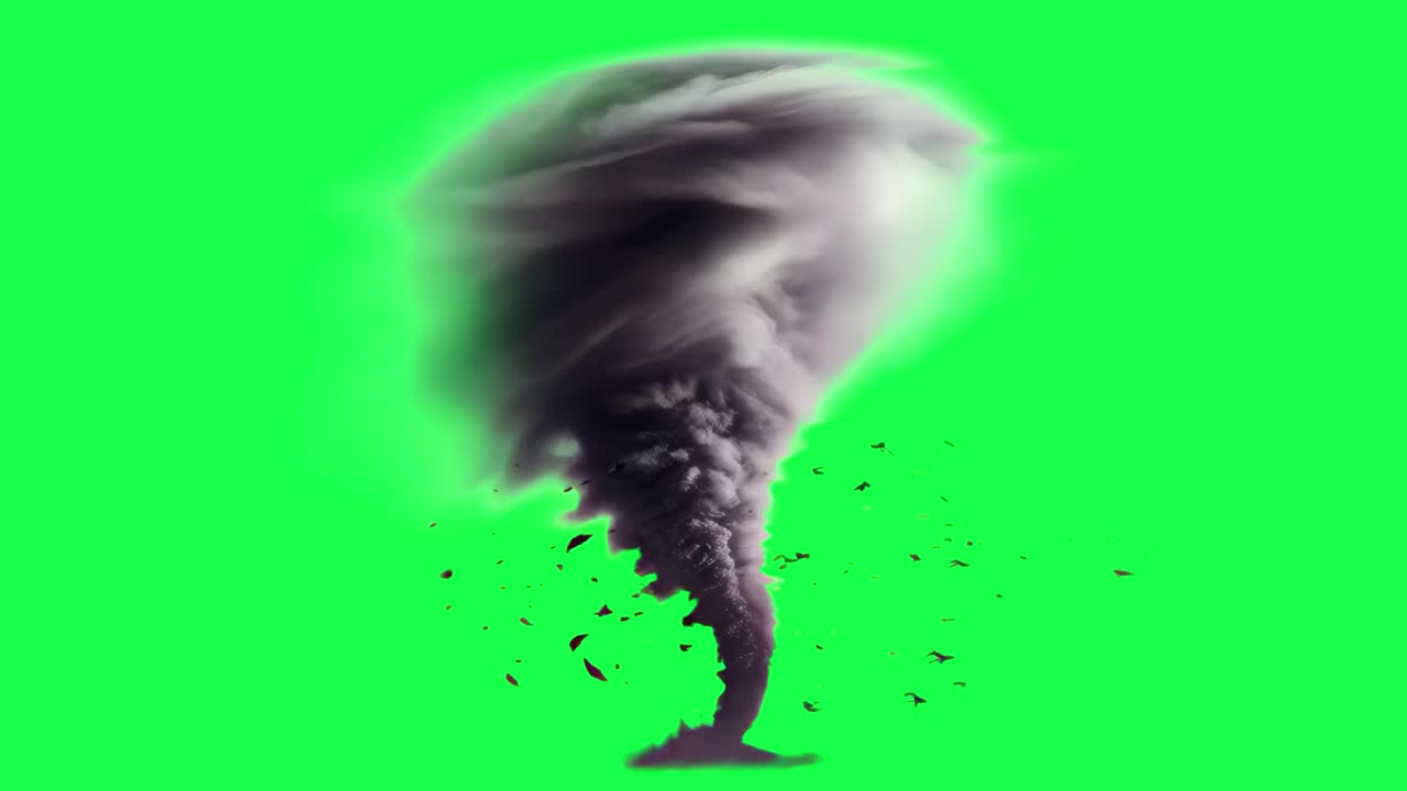 Tornado funnel with debris animation, transparent 4K video, green screen