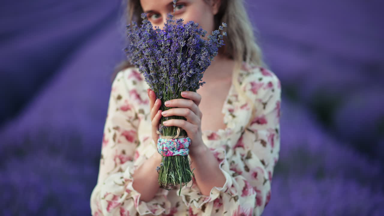 Portrait of a young woman holding and smelling a lavender bouquet in a blooming purple field