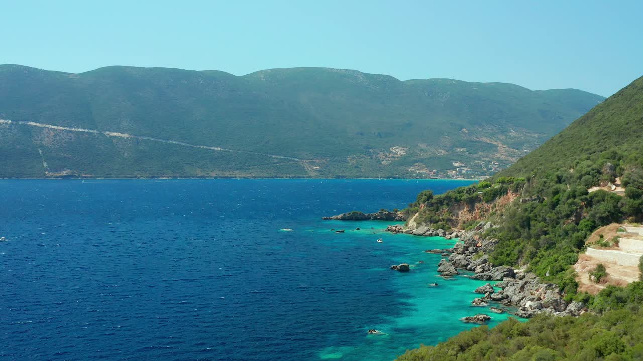 Vasiliki Coastline Mountains Aerial Drone Blue Water Green