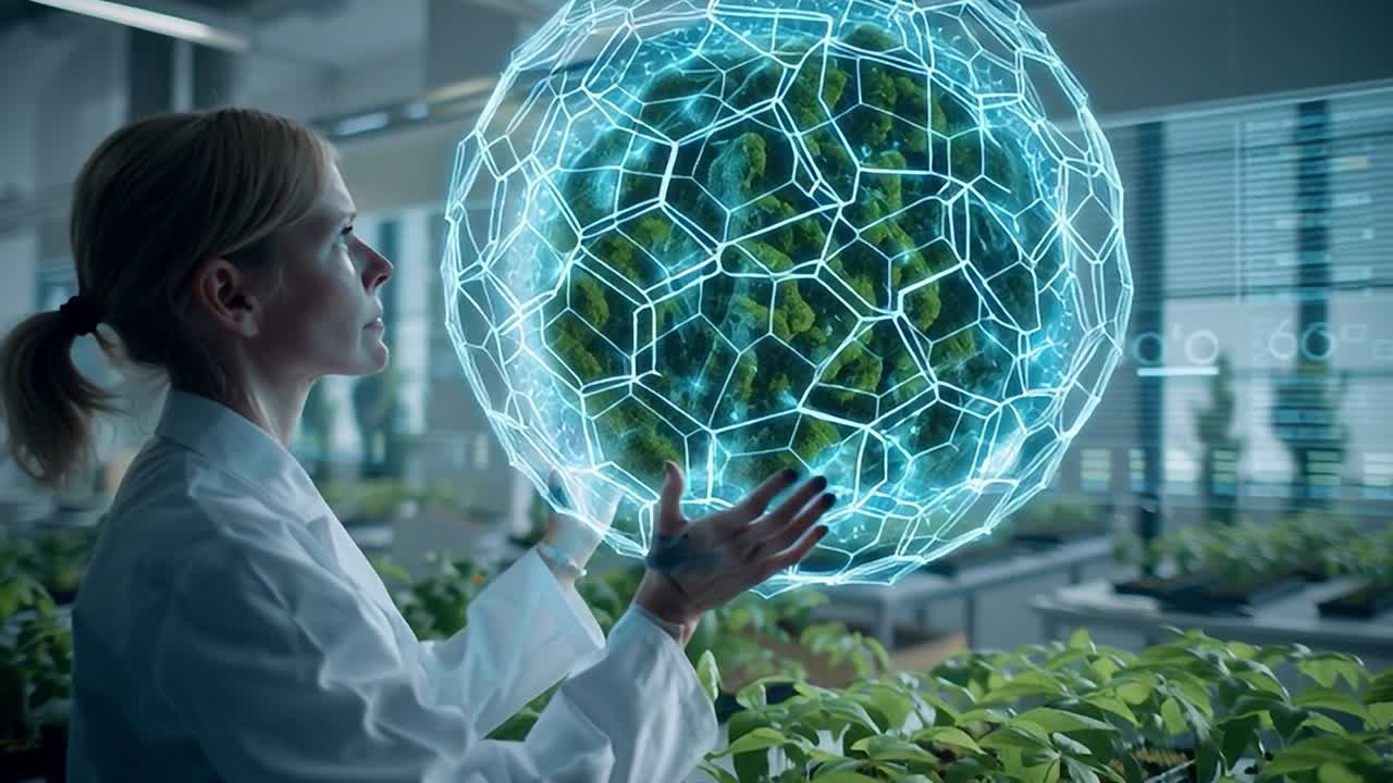 Scientist interacts with holographic globe in modern lab environment