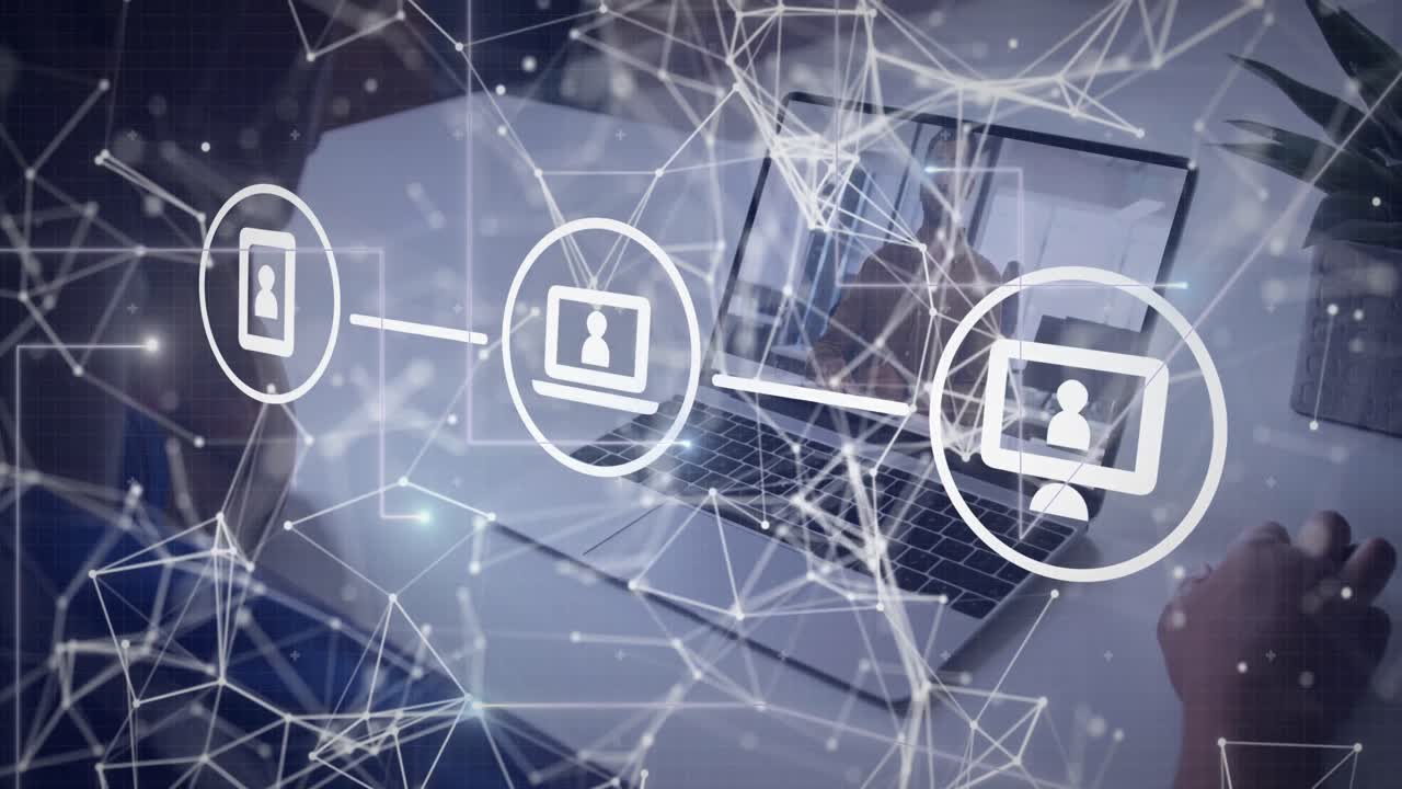 동영상 통화에서 토론하는 다양한 동료들에 대한 연결된 점 위에 연결된 아이콘의 애니메이션