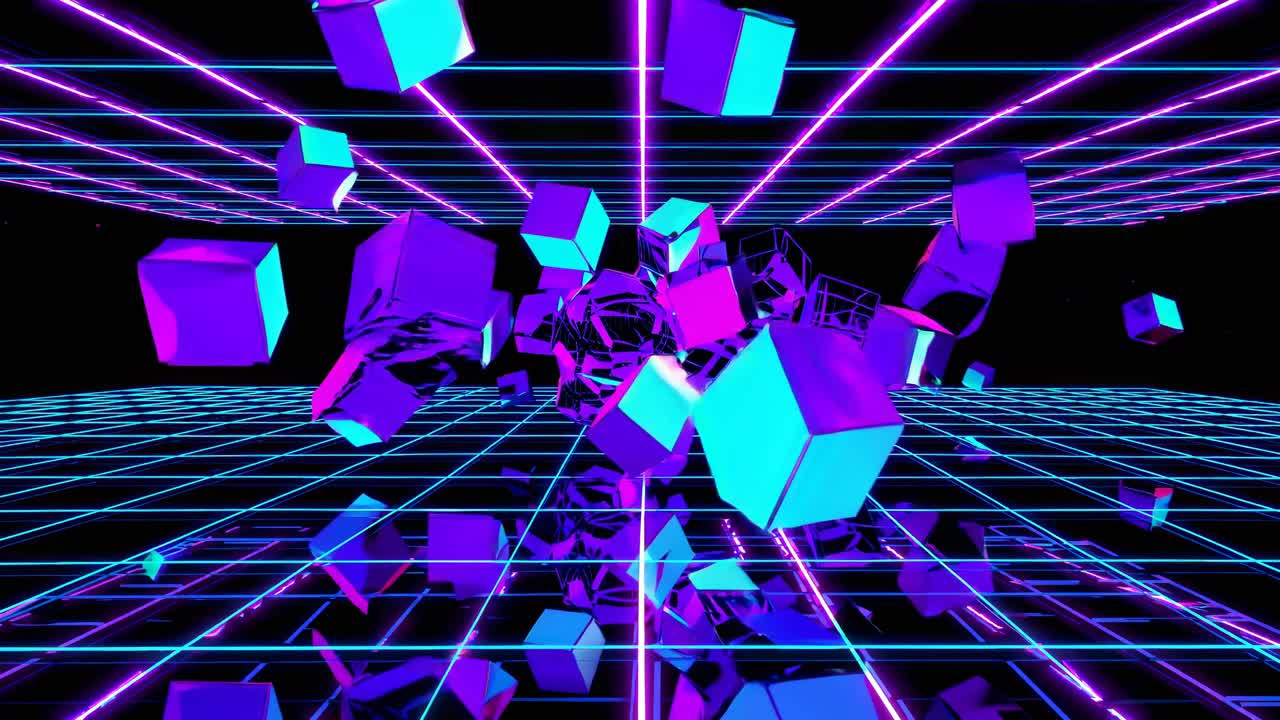 неоновые кубики падают на сетчатую киберпанк-сцену.