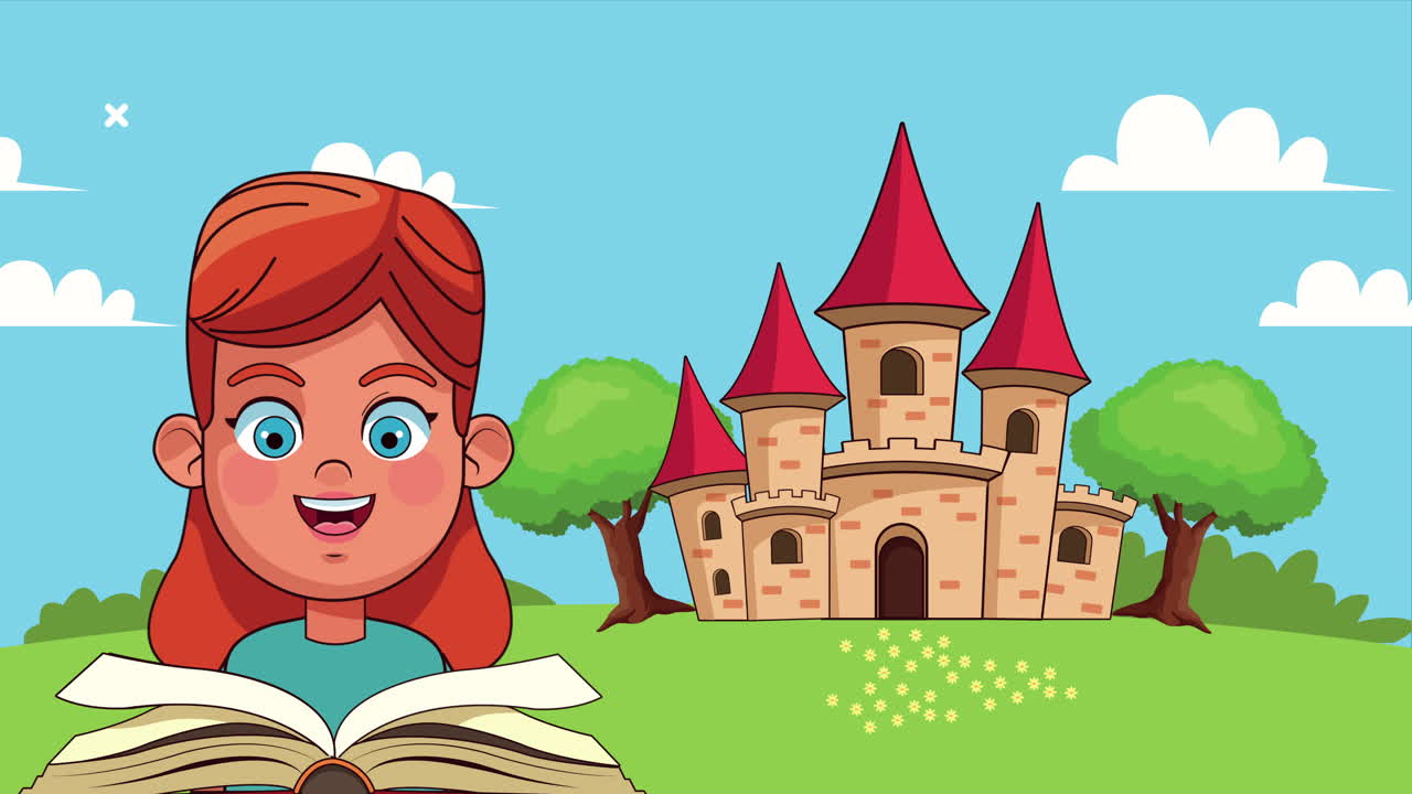 little student girl reading book in the camp with castle animated character