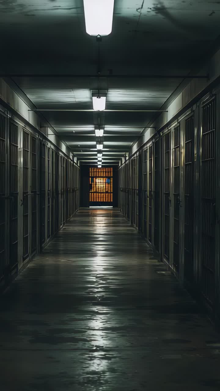 Vertical video: Starting camera gliding down cell block, showing cell doors and warm gate light