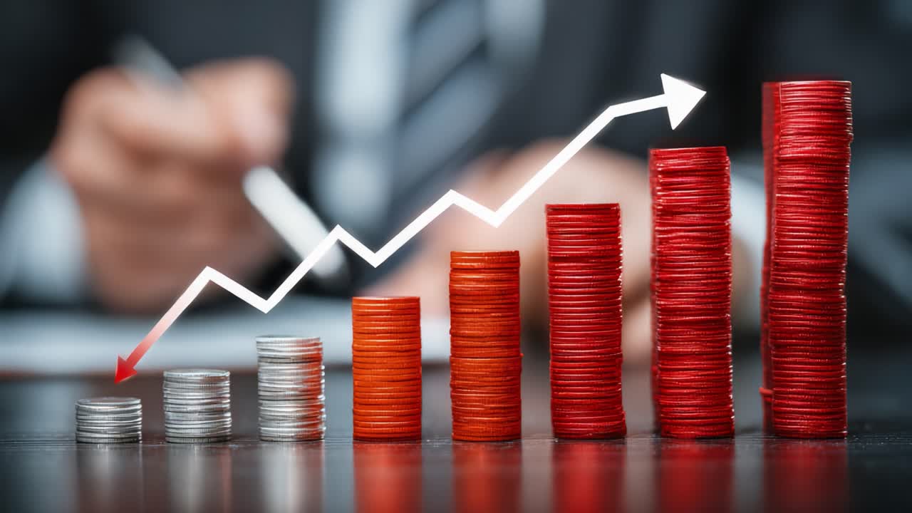 Visual Representation of Financial Growth: Analyzing Progress through Increasing Coin Stacks and Upward Graph Trends in Investment Performance