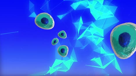 animation of micro of blue and turquoise cells over network on blue background