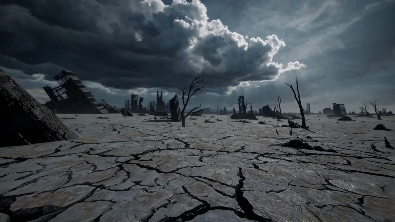 Wide-angle shot of a desolate, post-apocalyptic landscape with cracked earth and dark clouds