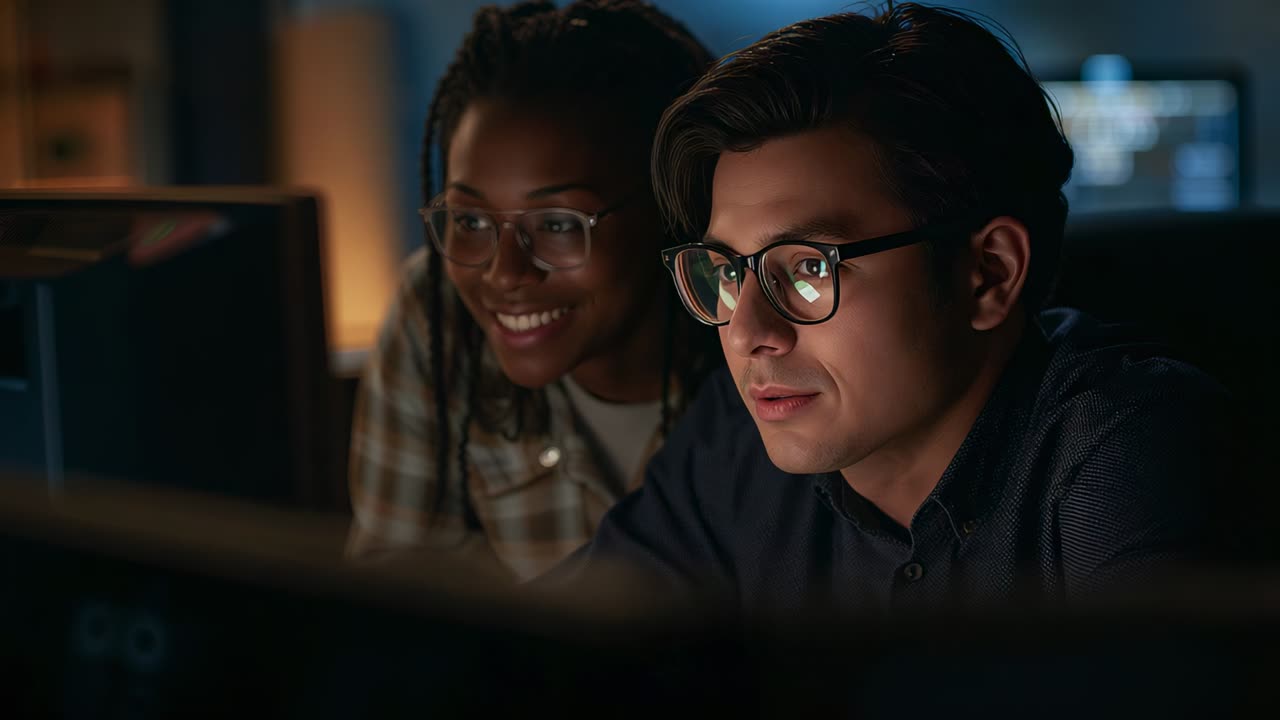 Reacting to screen, woman and man duo leaning in, studying at desk, dim office, glasses shining