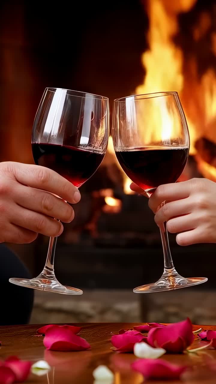 Vertical video: Reaching two hands clinking wine glasses by hearth, toasting night with rose petals