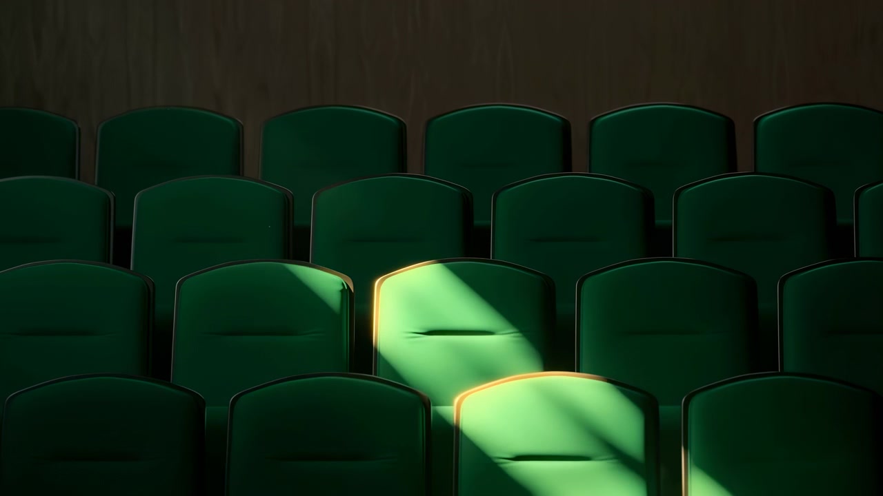 Un'inquadratura statica dalla prima fila di un teatro o auditorium con file di sedili verdi, ambientata in un'area salotto interna con un'atmosfera neutra. La scena è catturata in un contesto commerciale/al dettaglio.