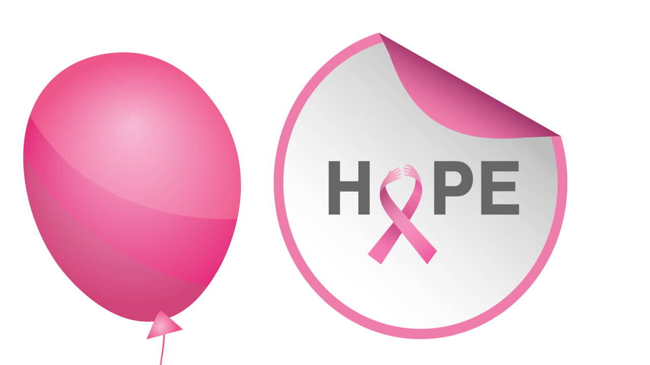 Animazione di un palloncino rosa che vola sopra un logo a nastro rosa e la scritta 'speranza'.