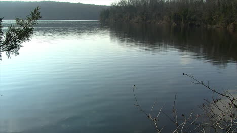 lake with wooded shoreline and gentle surface ripples moving in slow motion