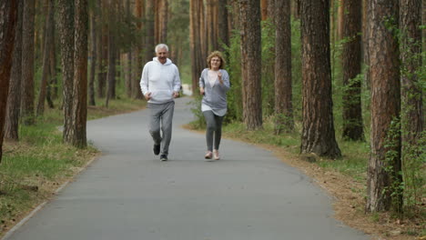 Glücklicher-älterer-Mann-Und-Frau,-Die-Lächeln-Und-Im-Park-Auf-Dem-Bürgersteig-Laufen