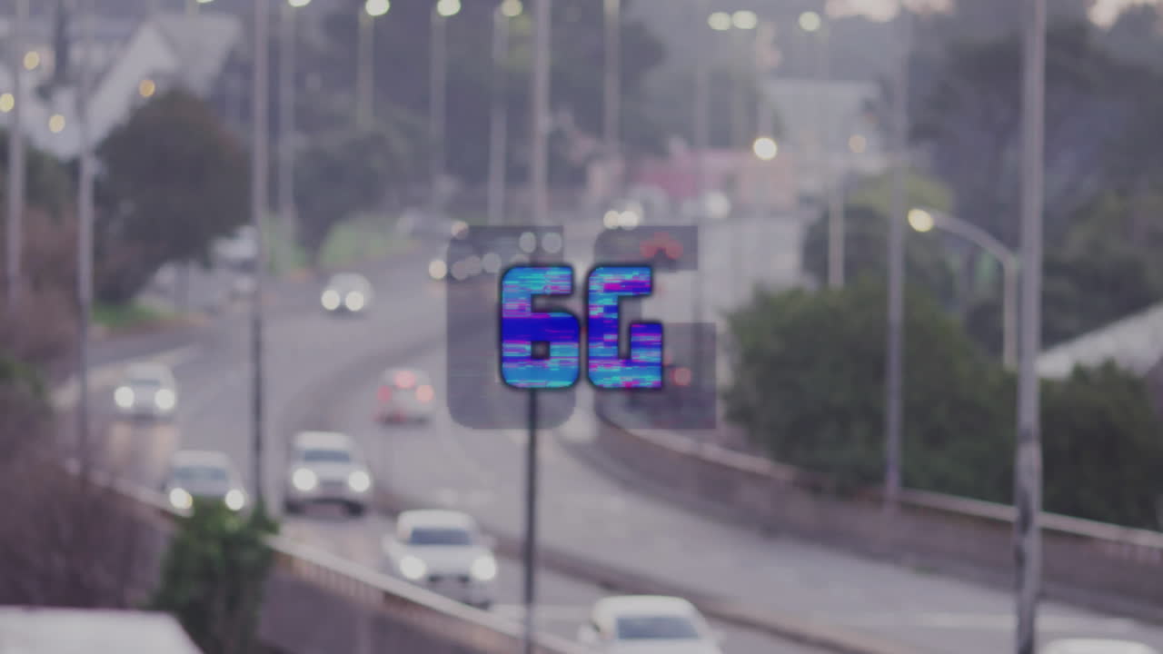 Blurred highway with digital 6G text animation over moving cars