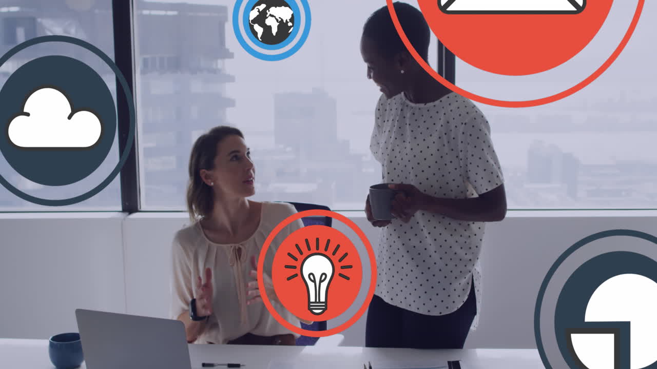 Animation of social media icons and data processing over diverse business people
