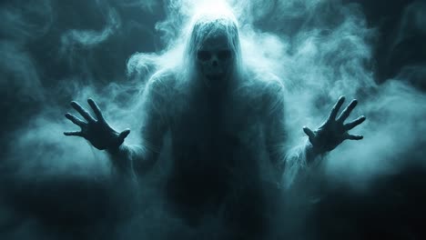 Mysterious figure in smoky atmosphere. A shadowy figure with a skull-like face emerges from fog, creating an eerie and unsettling atmosphere in dim light.