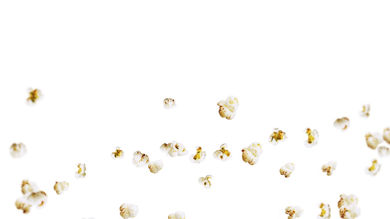 색 배경에 많은 팝콘을 날리는 색 소금 팝콘 건강한 음식 옥수수 씨 팝콘 회전의 3d 루프 애니메이션