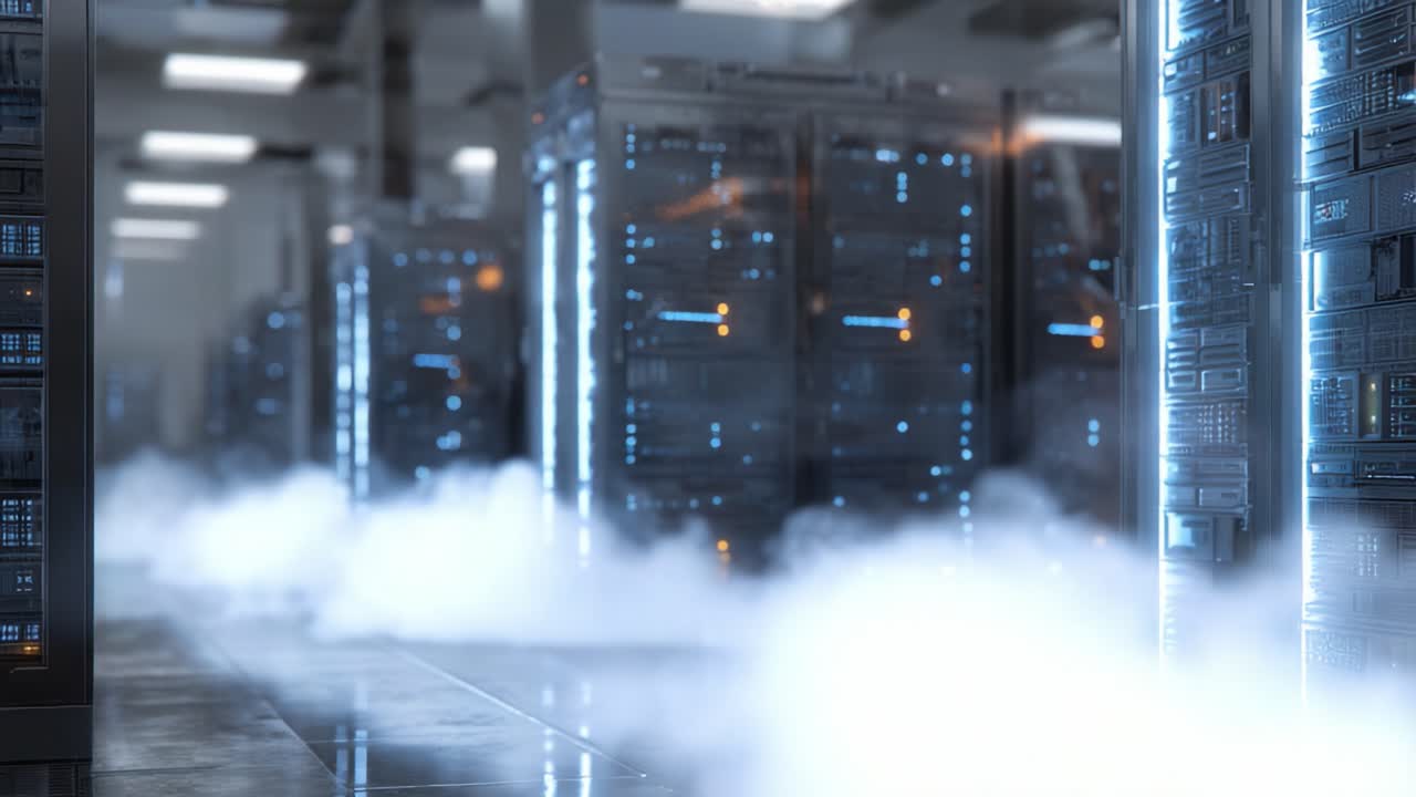 A Surreal View of an Advanced Data Center with Elevated Mist and Illuminated Servers, Capturing the Essence of Modern Technology and Cloud Computing Infrastructure