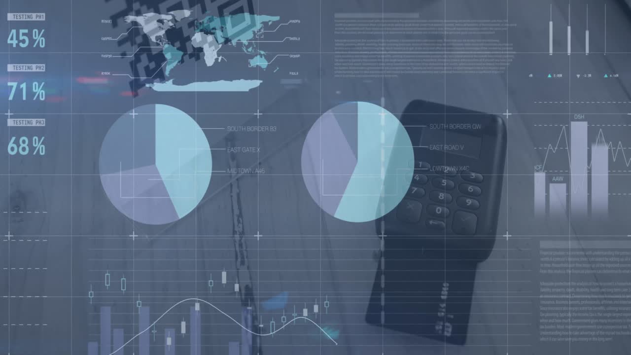animación del procesamiento de datos financieros y estadísticas a través de terminales de pago