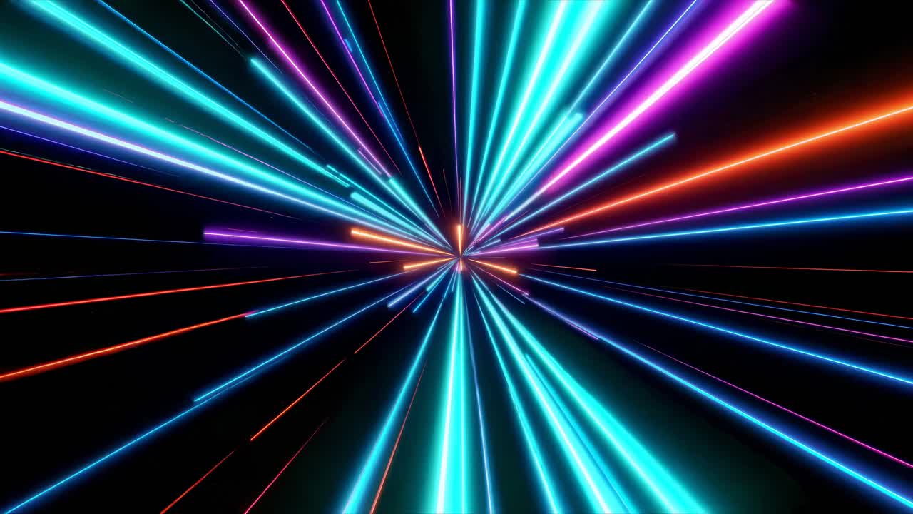Dynamic video concept with neon light streaks converging at a vanishing point