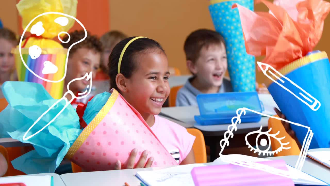 Animation of school icons over school children at school