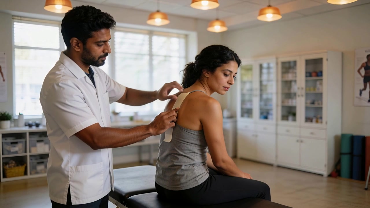 Examinando a coluna, terapeuta de jaleco branco removendo fita no paciente com top esportivo na clínica para apoio