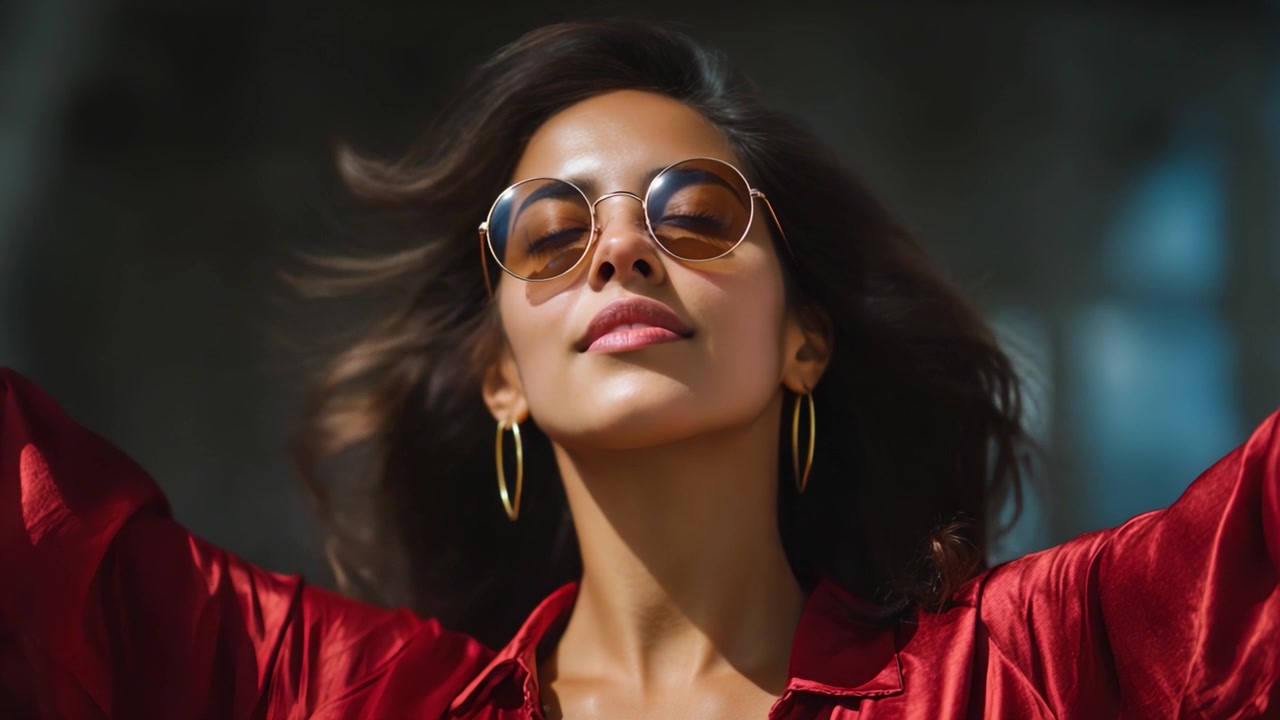 Una giovane donna sicura di sé con occhiali da sole e top rosso, che abbraccia la bellezza naturale con un'espressione gioiosa e capelli fluenti su uno sfondo delicato.