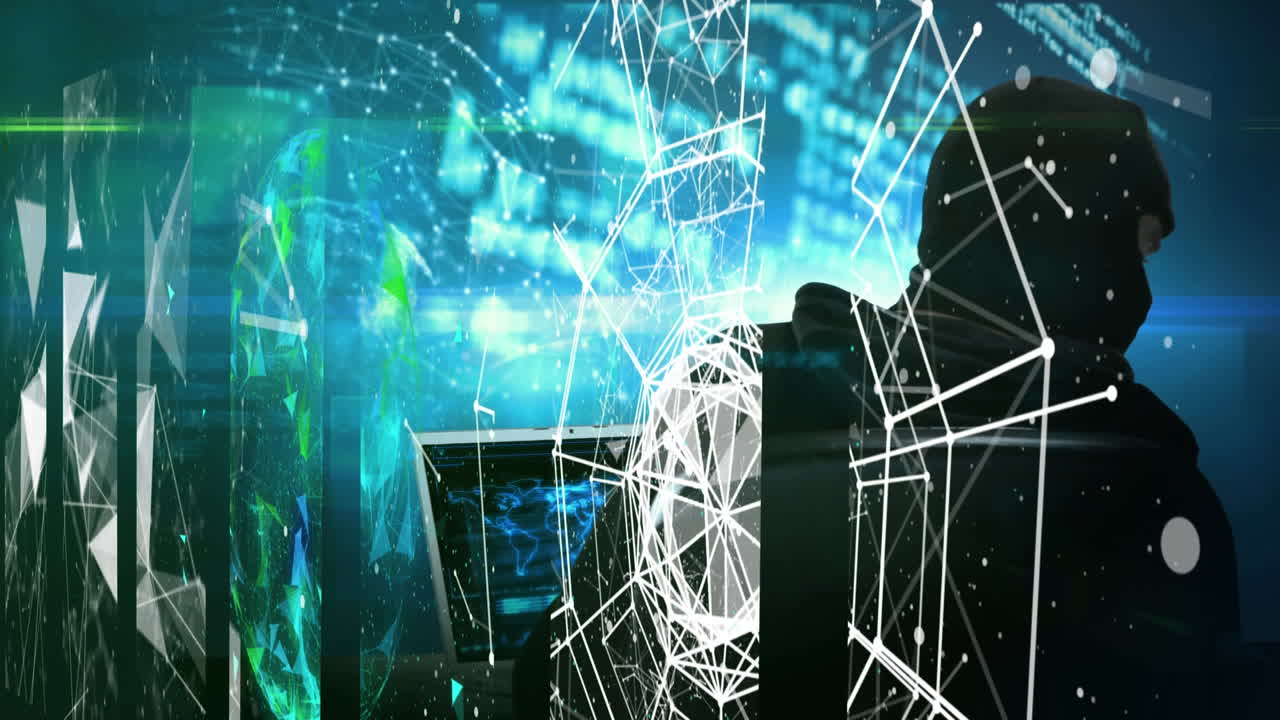 다채로운 모양과 웹 연결을 보여주는 여러 화면의 애니메이션