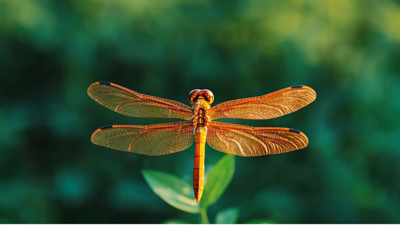 Dragonfly hovering above green grass. A vibrant orange dragonfly flies gracefully above lush green grass in bright sunlight