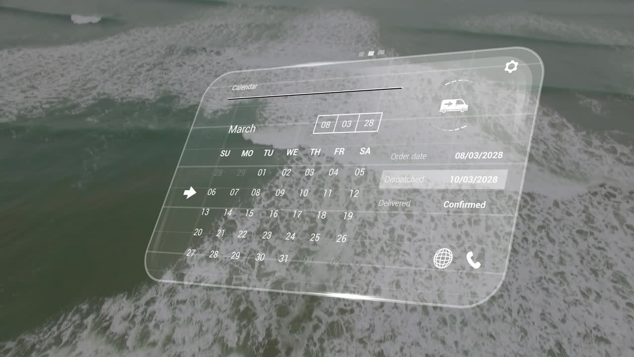 해변 풍경 위의 달력과 디지털 인터페이스의 애니메이션