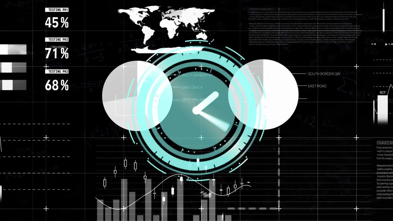 Animazione di un orologio che ticchetta e di elaborazione dati su schermi.