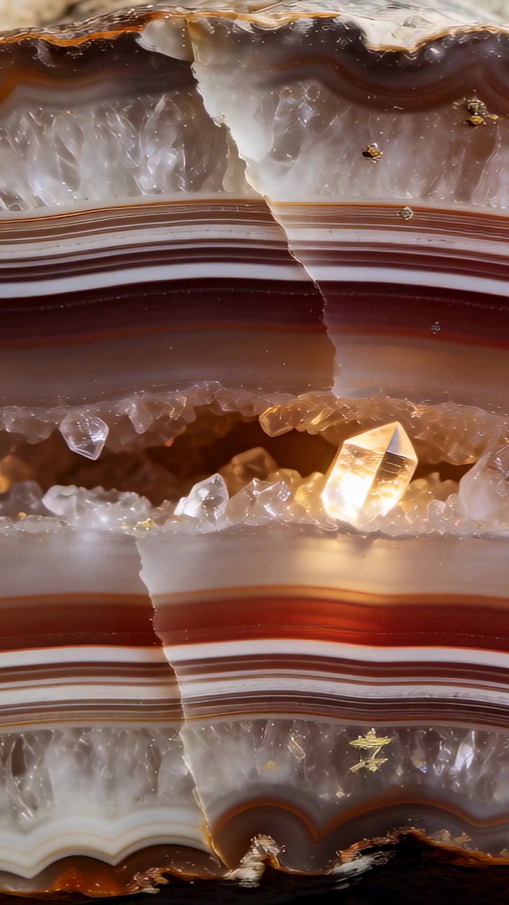 Vidéo verticale : Caméra en mouvement révélant une tranche d'agate rubanée en studio, et une pointe de quartz lumineuse.