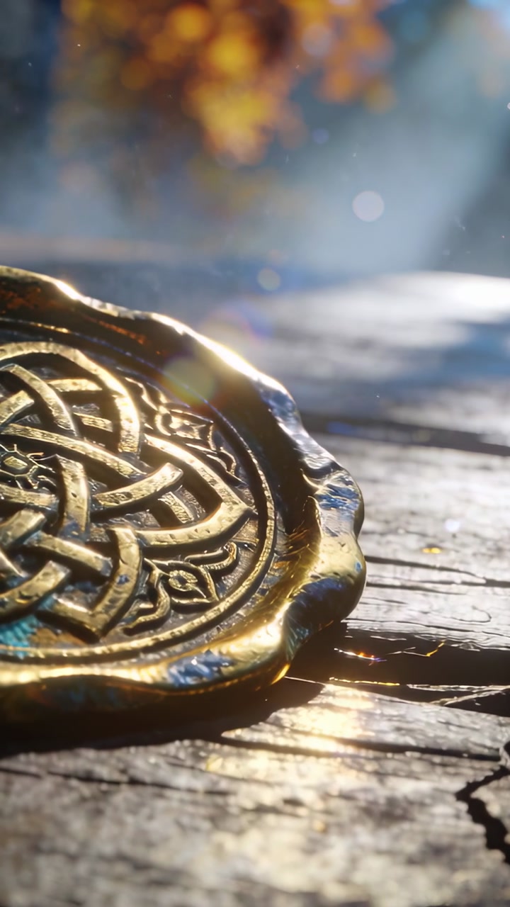 Vertical video: Sun shifting and dolly revealing Celtic medallion resting on plank in yard, dust