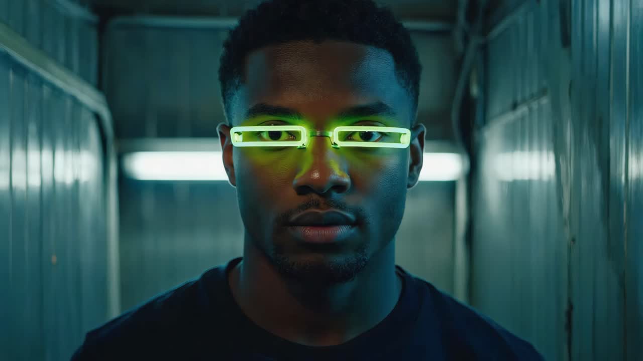 Portrait of a man with futuristic neon glasses