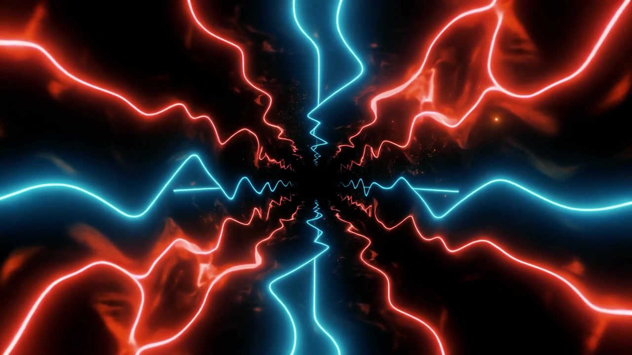 Abstract Tunnel of Glowing Red and Blue Neon Light Waves
