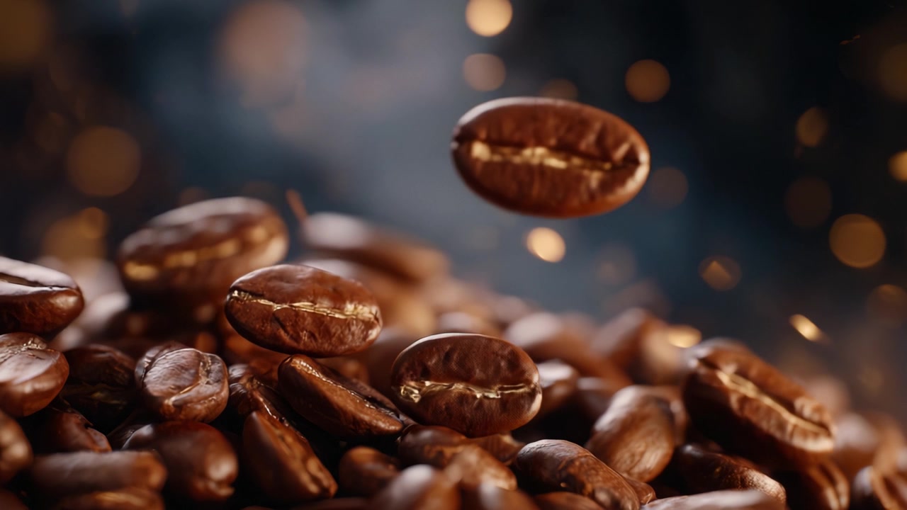 Fængslende nærbillede af ristede kaffebønner i bevægelse med varme, glødende partikler, der skaber en rig, aromatisk atmosfære for kaffeelskere og entusiaster