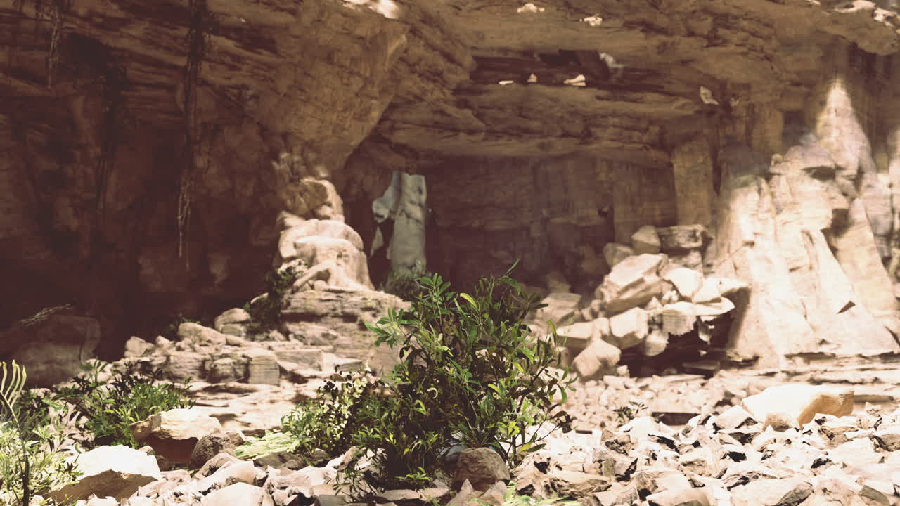 Exploring a secluded cave with rock formations and greenery in natural light